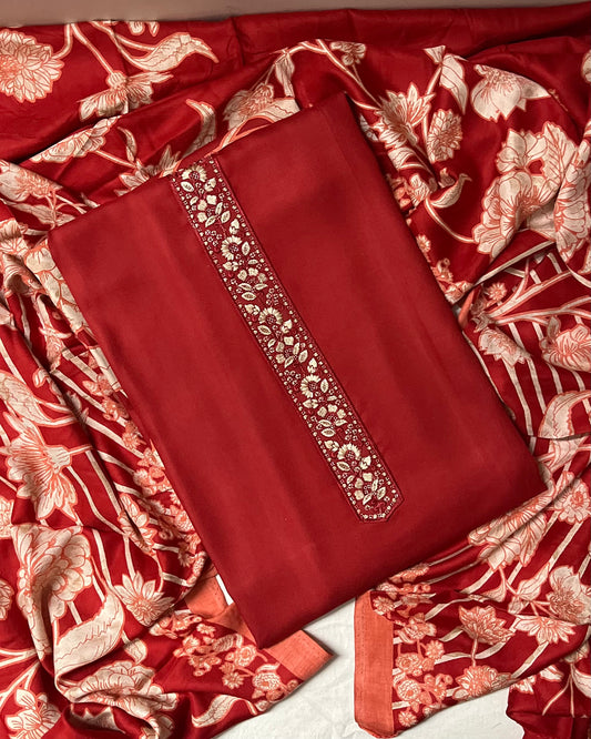 Zaitra Fine Merino Wool Suit with Matching Stole - Crimson Red