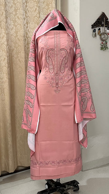 Zoya Pashmina Wool Suit with Boutique-Style Embroidery - Pastel Pink