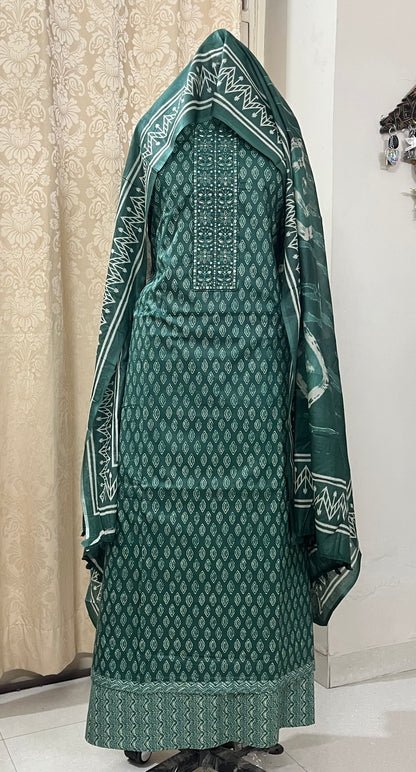 Zevar Pure 100% Cotton Suit Set with Hand Embroidered Neck Patch -Bottle Green