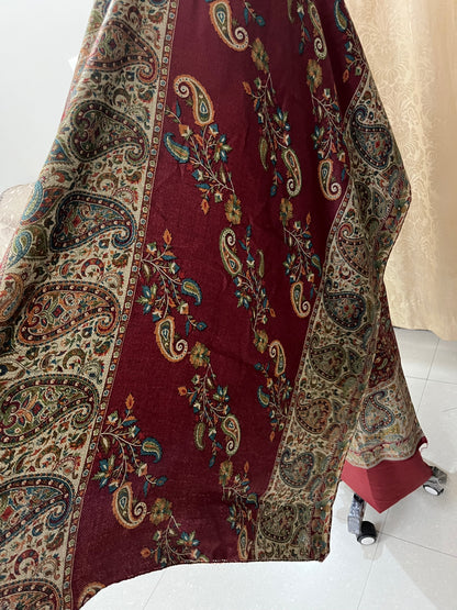 Tehzeeb Soft Pashmina Woolen Suit with Kani Print & Matching Stole - Maroon