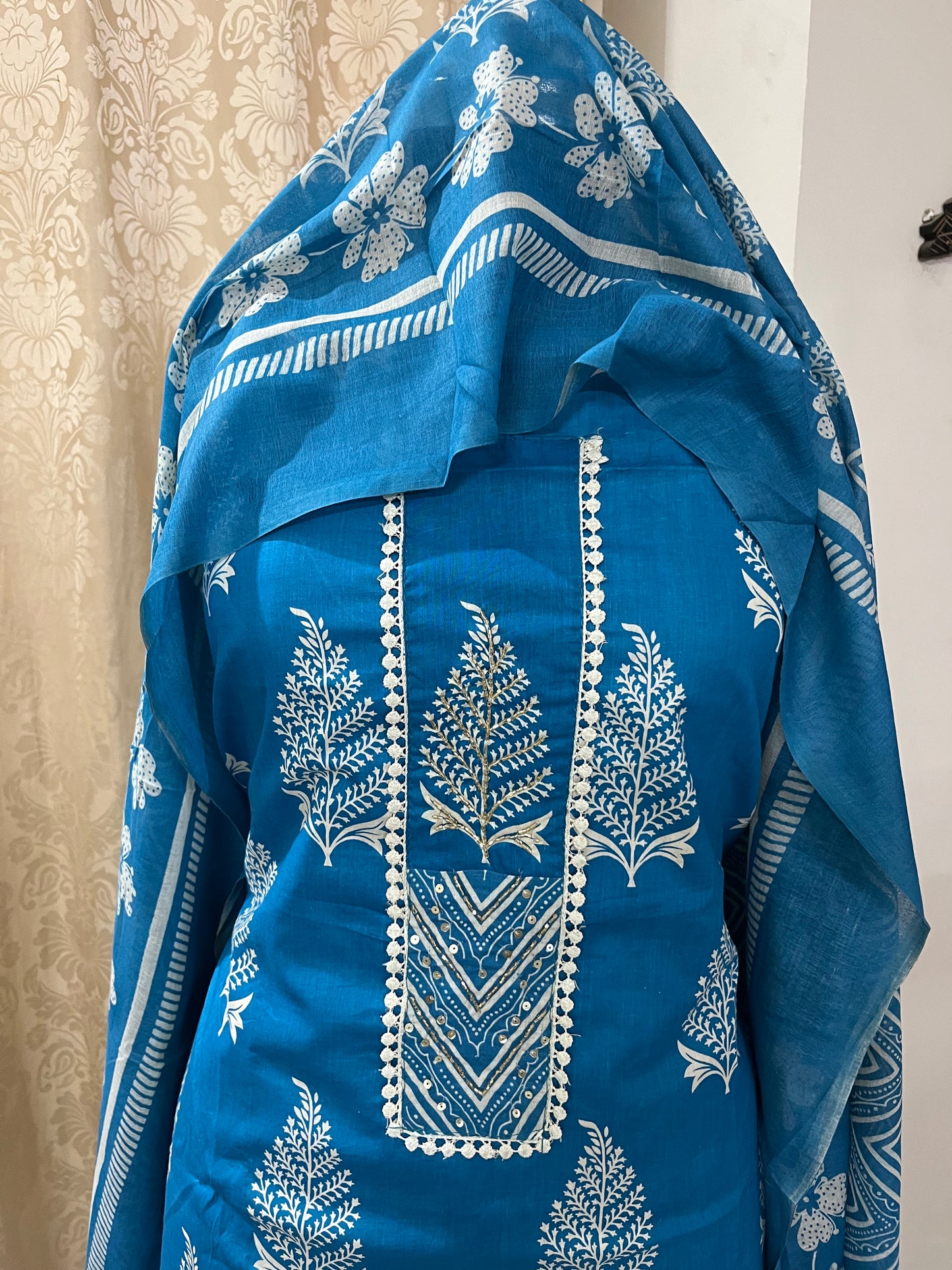 Subah Pure Cotton Suit Set with Sequin Handwork & Lace- Firozi