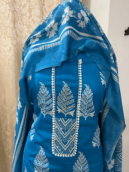 Subah Pure Cotton Suit Set with Sequin Handwork & Lace- Firozi