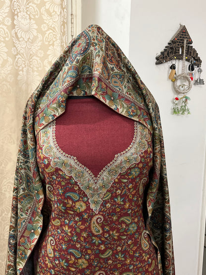 Tehzeeb Soft Pashmina Woolen Suit with Kani Print & Matching Stole - Maroon