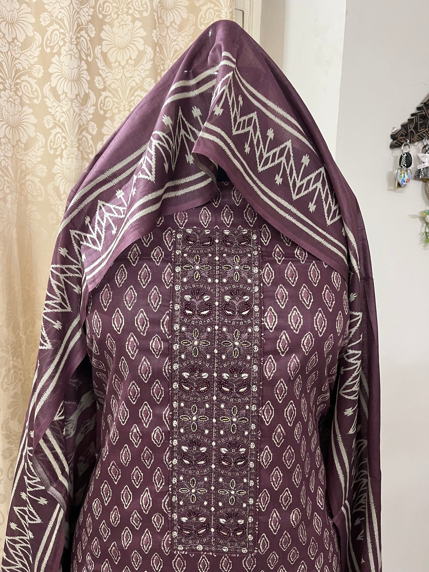 Zevar Pure 100% Cotton Suit Set with Hand Embroidered Neck Patch - Wine