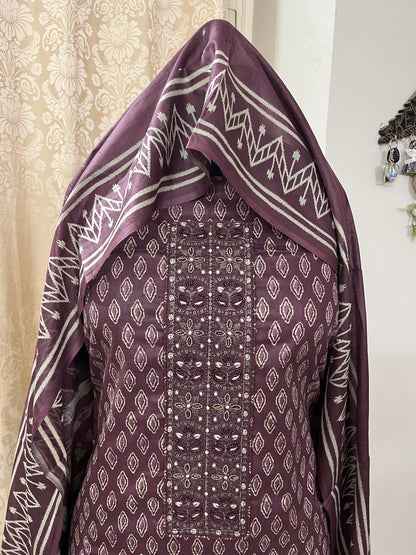 Zevar Pure 100% Cotton Suit Set with Hand Embroidered Neck Patch - Wine