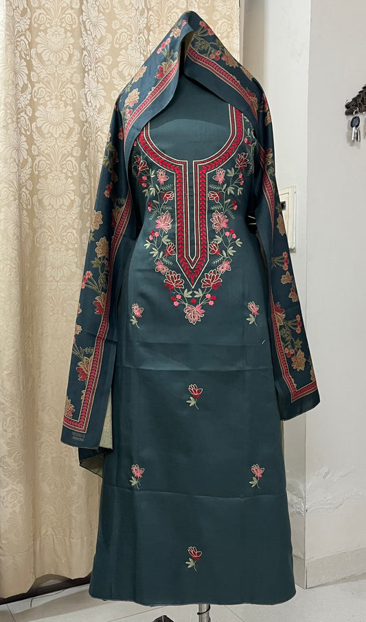 Sajda Pashmina Wool Suit with Boutique-Style Embroidery - Muted Teal