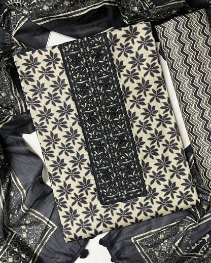 Nagma Pure Cotton Suit Set with Hand Embroidered Neck Patch - Black