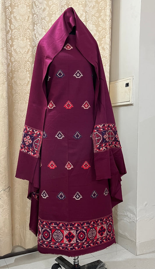 Pahadi Kullvi Soft Woolen Suit with Matching Stole - Wine