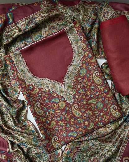 Tehzeeb Soft Pashmina Woolen Suit with Kani Print & Matching Stole - Maroon