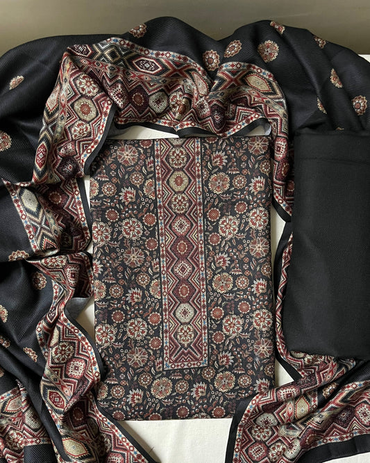 Saaj Floral Digitally Printed Woolen Suit with Matching Stole