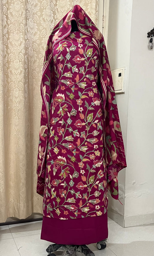 Meher Pashmina Woolen Suit with Mirror & Aari Work - Rani Pink
