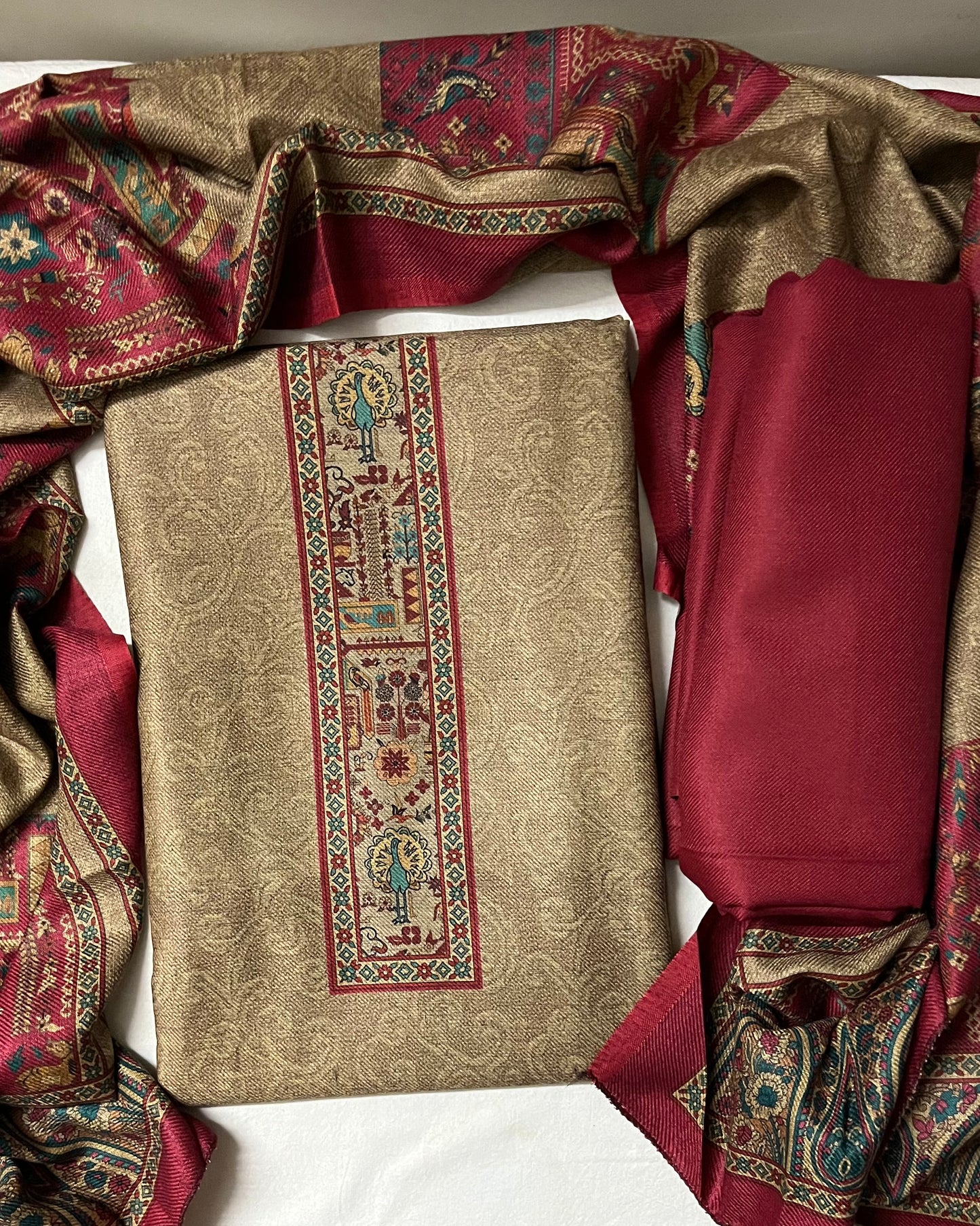 Kalakriti Pashmina Woolen Suit with Self-Design Base - Pink