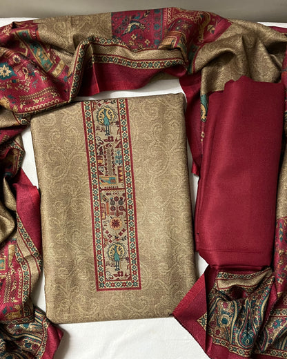 Kalakriti Pashmina Woolen Suit with Self-Design Base - Pink