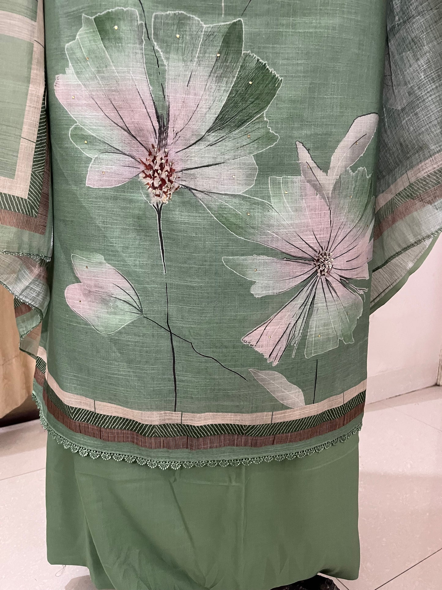 Hastkala Premium Linen Summer Floral Suit with Handwork - Sage Green