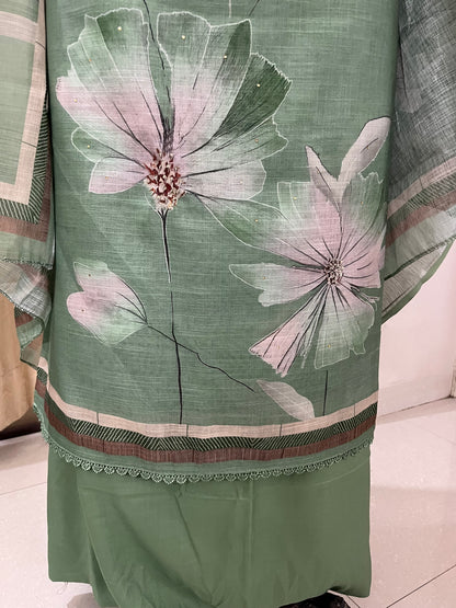 Hastkala Premium Linen Summer Floral Suit with Handwork - Sage Green