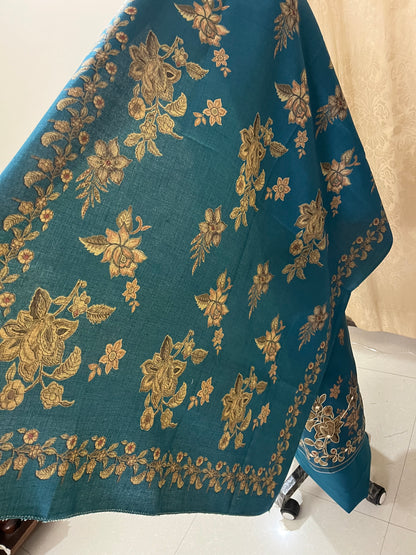 Phool Aari-Work Toosh Pashmina Woolen Suit - Firozi