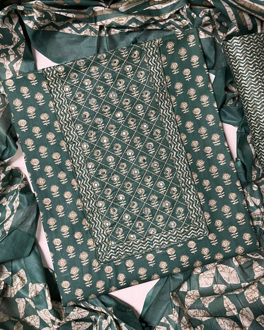Paalki Pure Cotton Suit Set with Knot & Mirror Work Neck Patch - Bottle Green