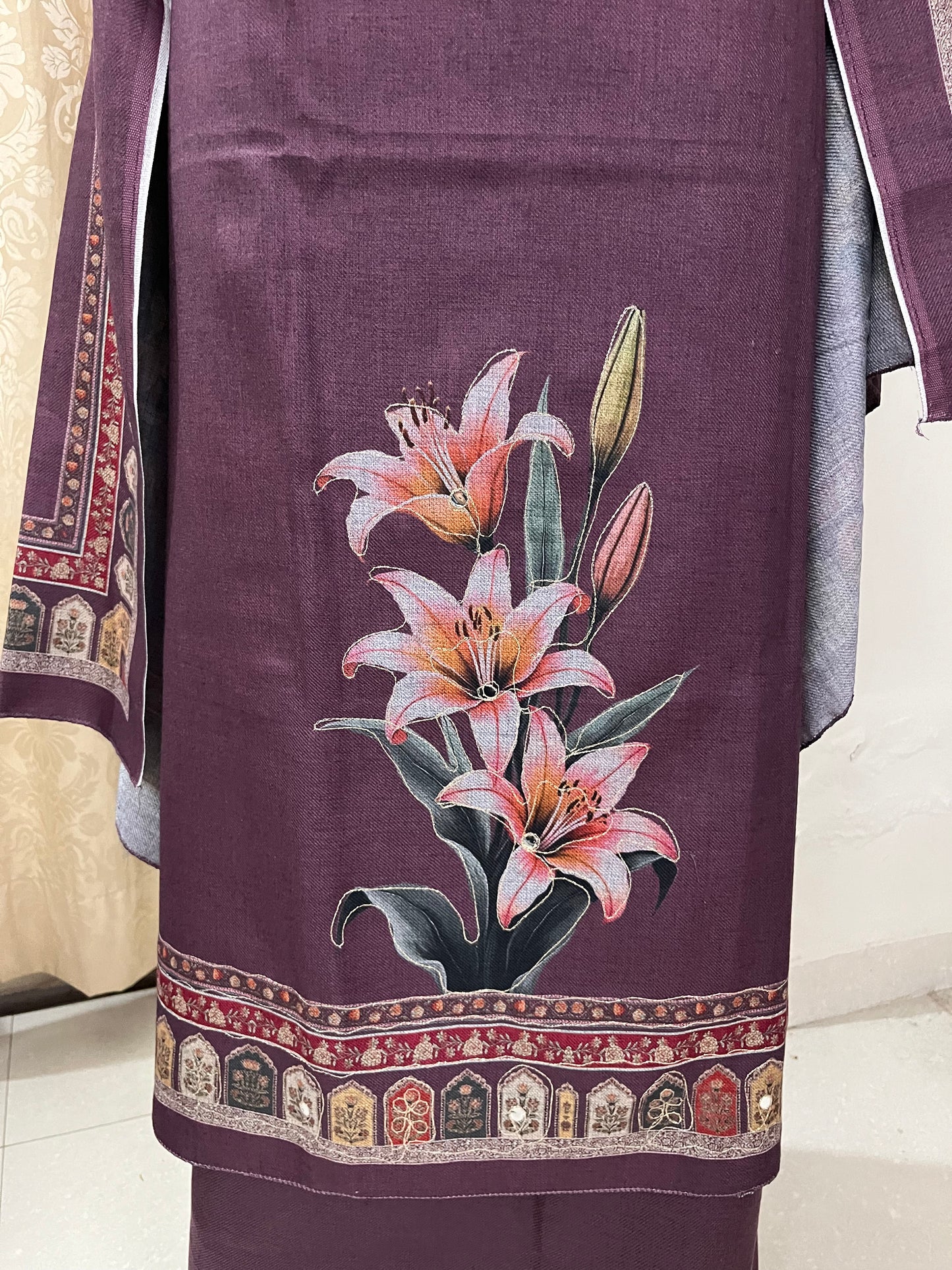 Zaara Aari-Work Toosh Pashmina Woolen Suit - Violet