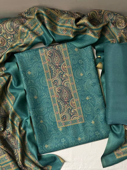 Nazaakat Toosh Pashmina Suit with Matching Stole- Firozi