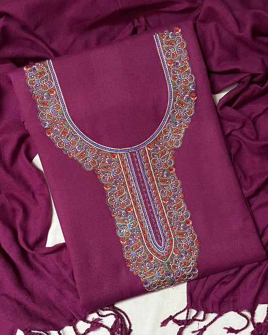 Ghazal Cashmilon Winter Suit with Embroidery & Matching Stole - Purple