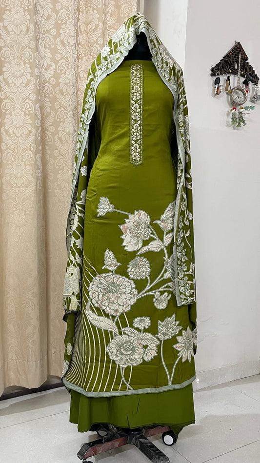 Zaitra Fine Merino Wool Suit with Matching Stole - Olive Green