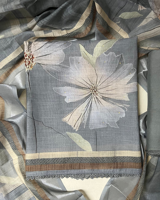 Hastkala Premium Linen Summer Floral Suit with Handwork - Pearl Grey