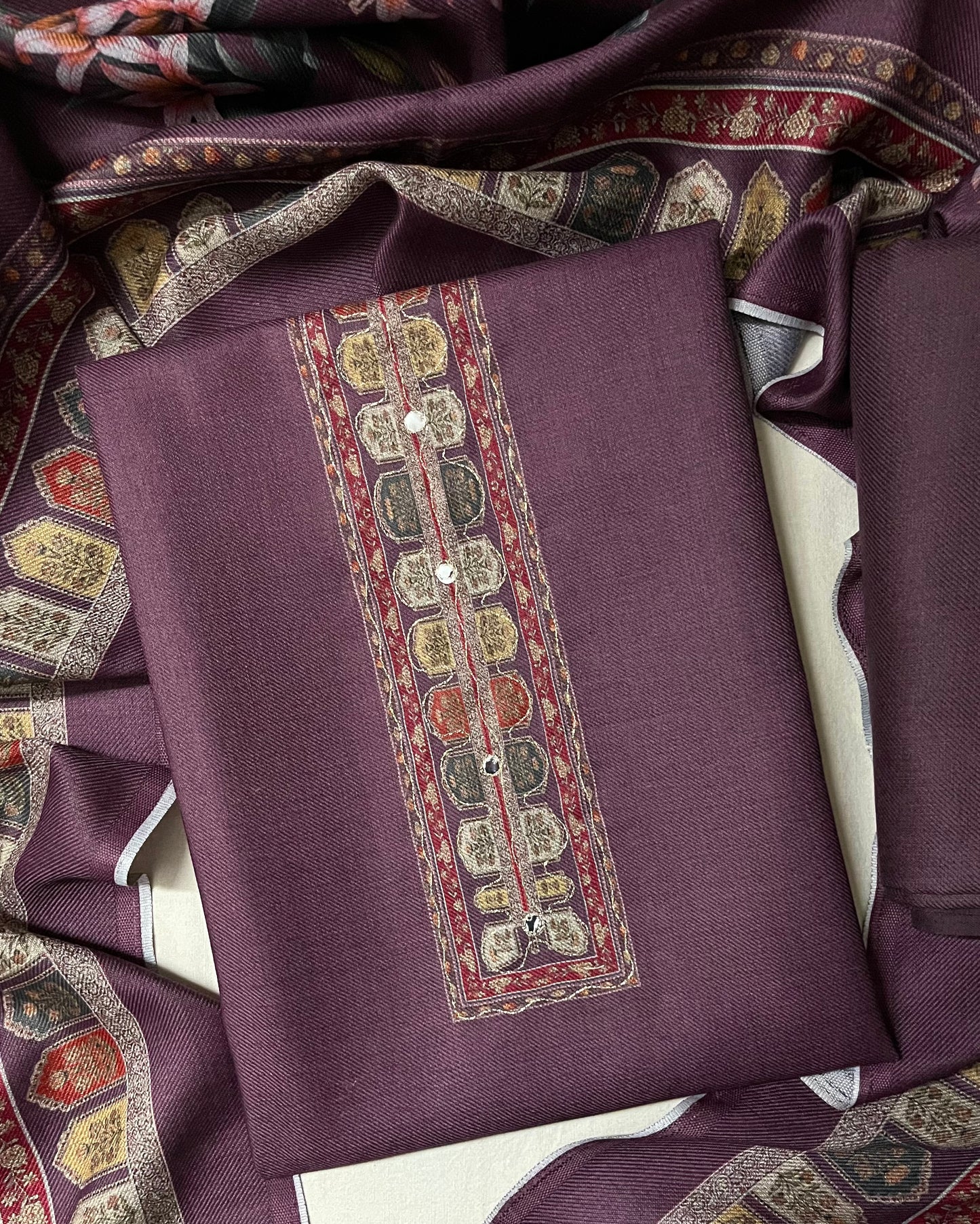 Zaara Aari-Work Toosh Pashmina Woolen Suit - Violet
