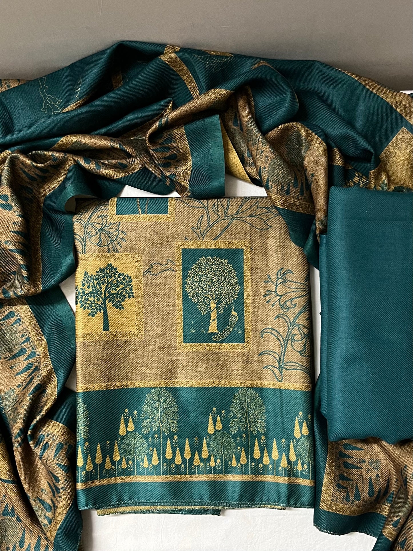 Prakriti Beige & Firozi Woolen Suit with Matching Stole