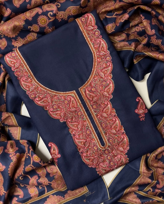 Virsa Pashmina Wool Suit with Antique-Style Embroidery - Navy Blue