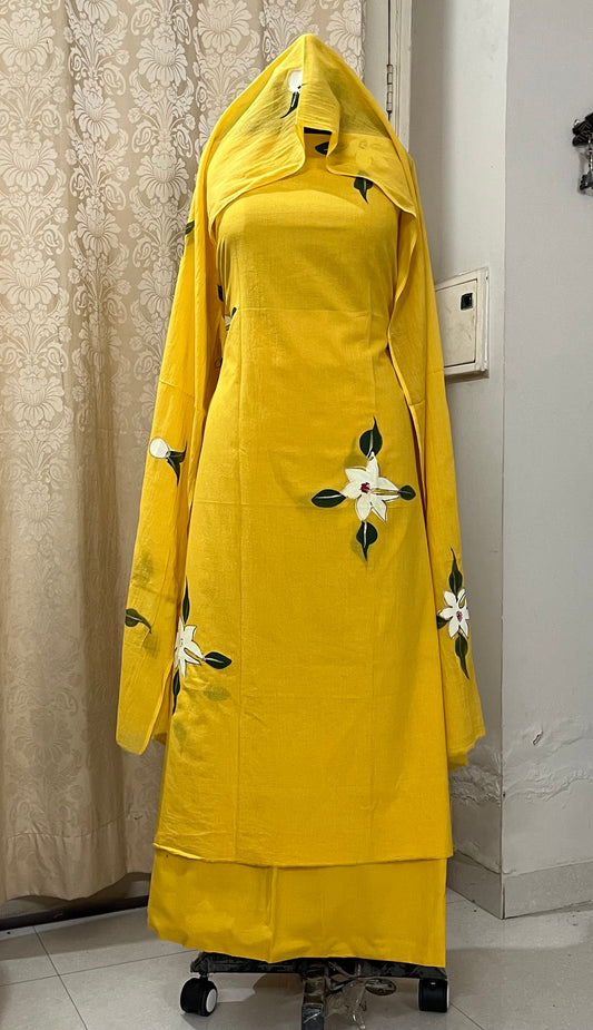 Basant Hand-painted Pure Mul Cotton Suit Set with Lining - Yellow