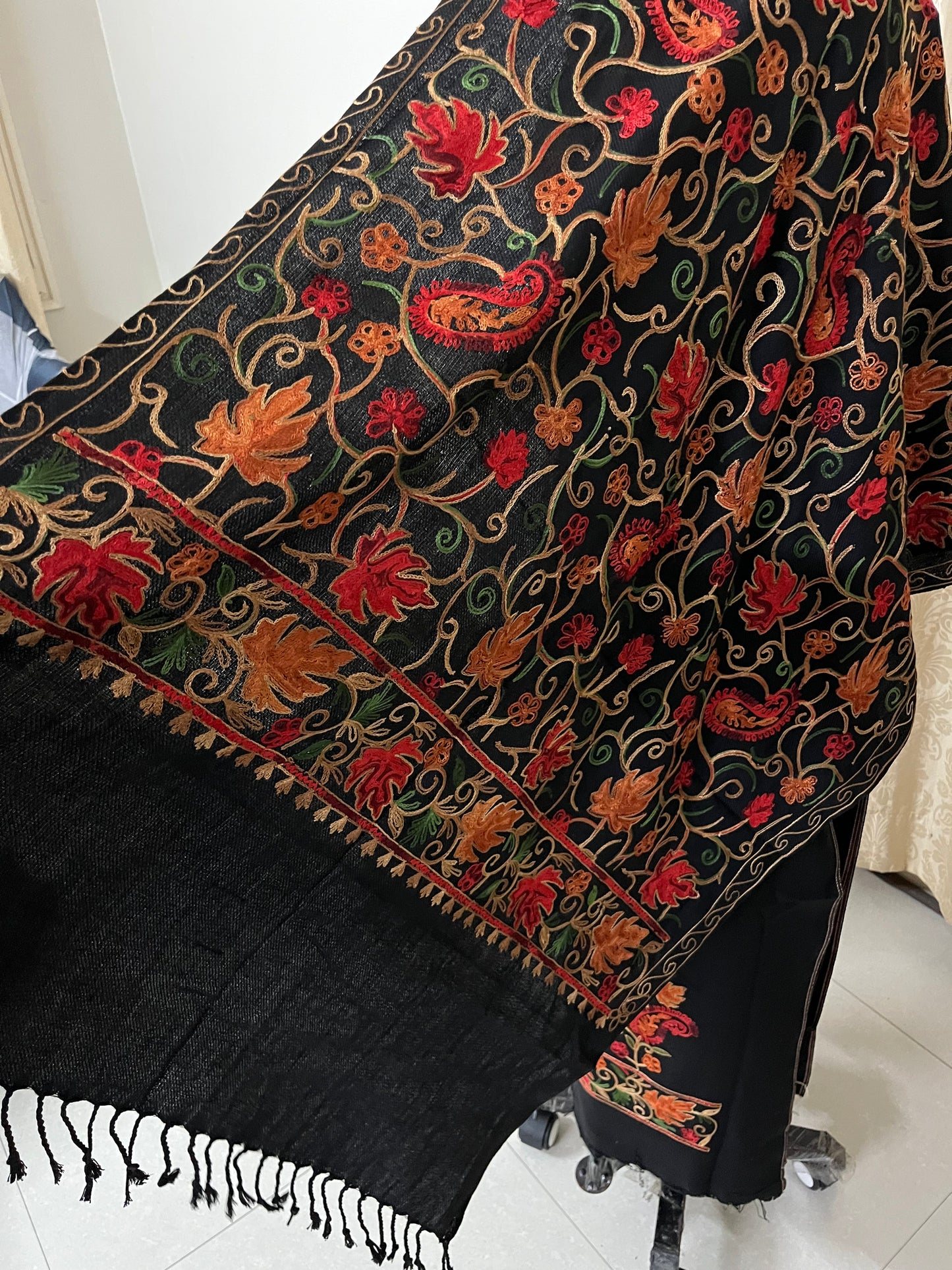 Kashmiri Embroidered Woolen Suit with Full Jaal Stole - Black