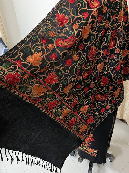 Kashmiri Embroidered Woolen Suit with Full Jaal Stole - Black