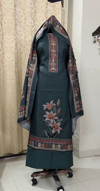 Zaara Aari-Work Toosh Pashmina Woolen Suit - Smoky Green
