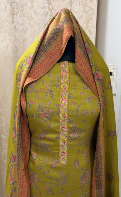 Powder Henna Green Pure Spun Woolen Suit with Matching Stole