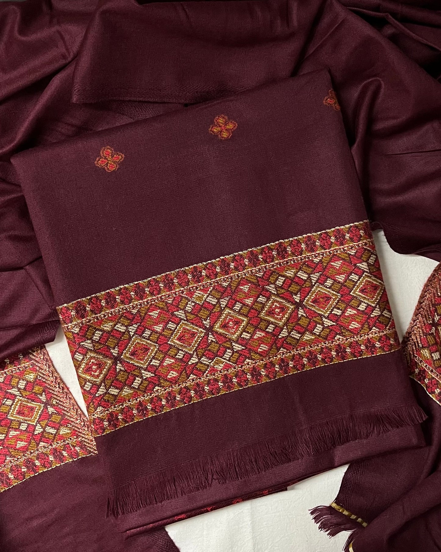 Pahadi Kullvi Soft Woolen Suit with Matching Stole - Maroon