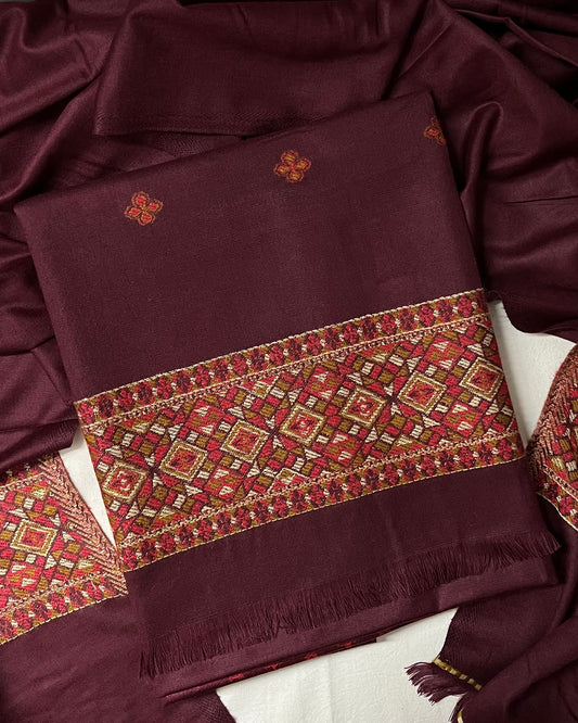 Pahadi Kullvi Soft Woolen Suit with Matching Stole - Maroon