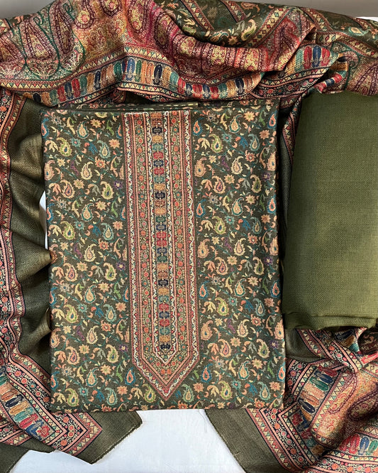 Heer Aari-Swarovski Toosh Pashmina Woolen Suit - Mehndi Green