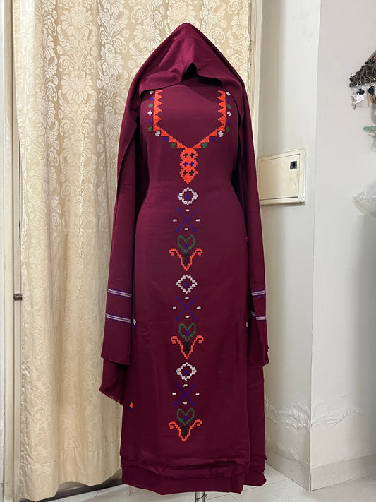 Heritage Kullvi Woolen Suit with Printed Stole in Brown