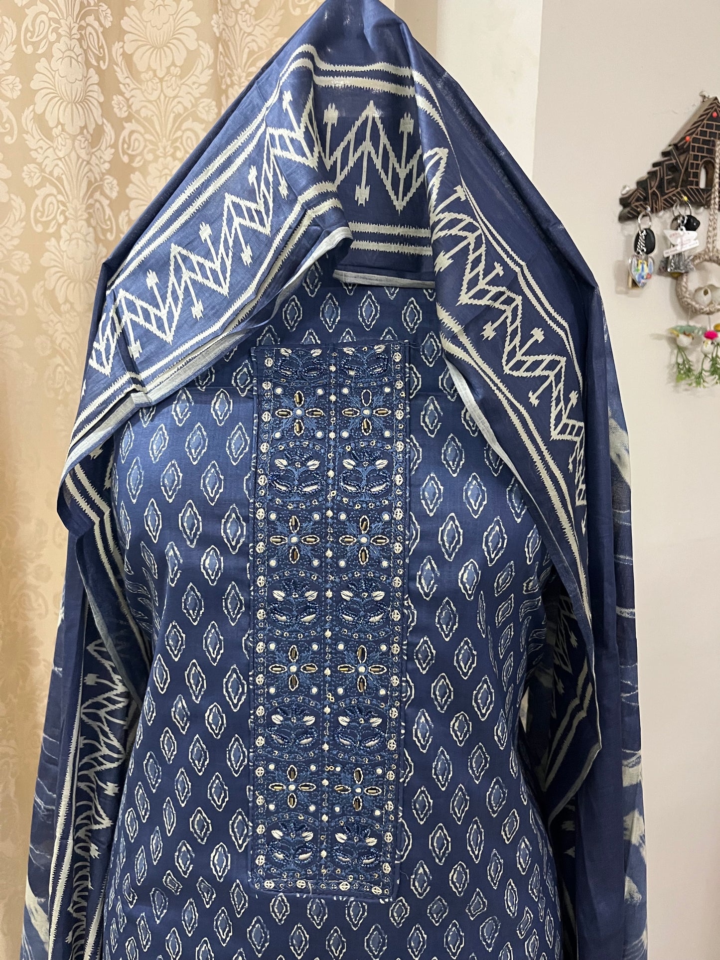 Zevar Pure 100% Cotton Suit Set with Hand Embroidered Neck Patch - Imperial Blue