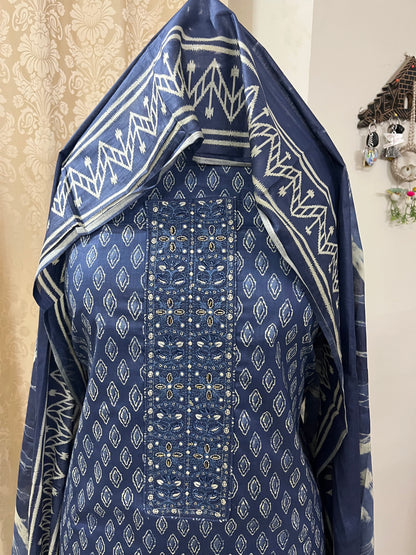 Zevar Pure 100% Cotton Suit Set with Hand Embroidered Neck Patch - Imperial Blue