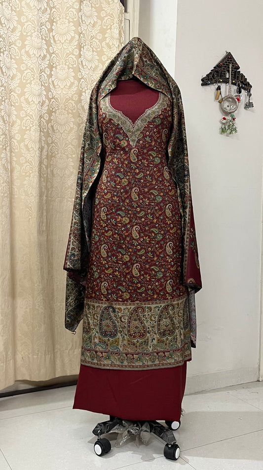 Tehzeeb Soft Pashmina Woolen Suit with Kani Print & Matching Stole - Maroon