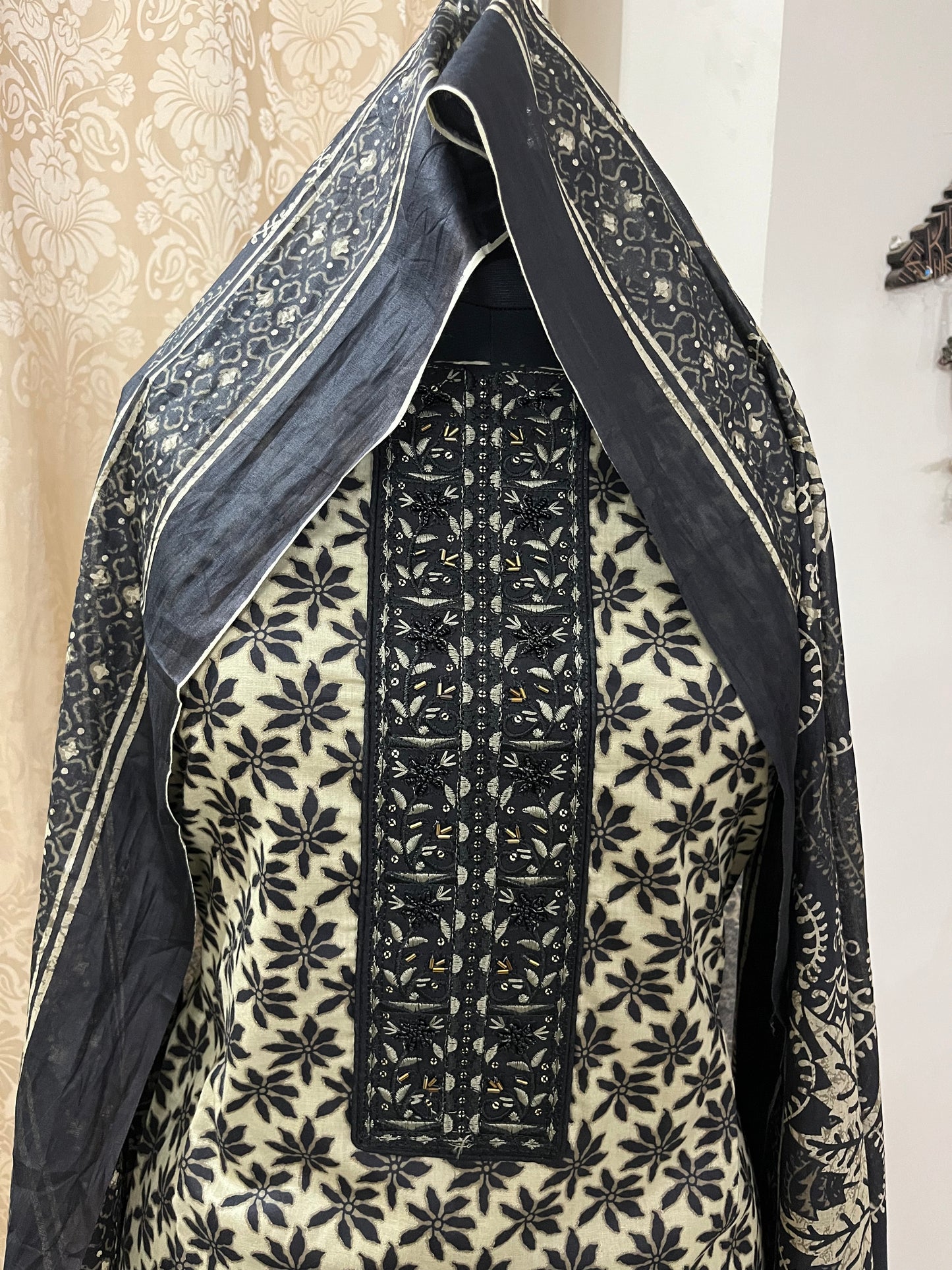 Nagma Pure Cotton Suit Set with Hand Embroidered Neck Patch - Black