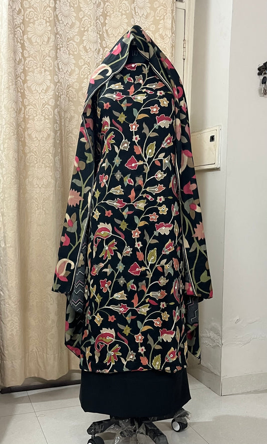 Meher Pashmina Woolen Suit with Mirror & Aari Work - Black