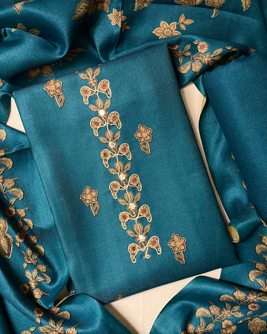 Phool Aari-Work Toosh Pashmina Woolen Suit - Firozi