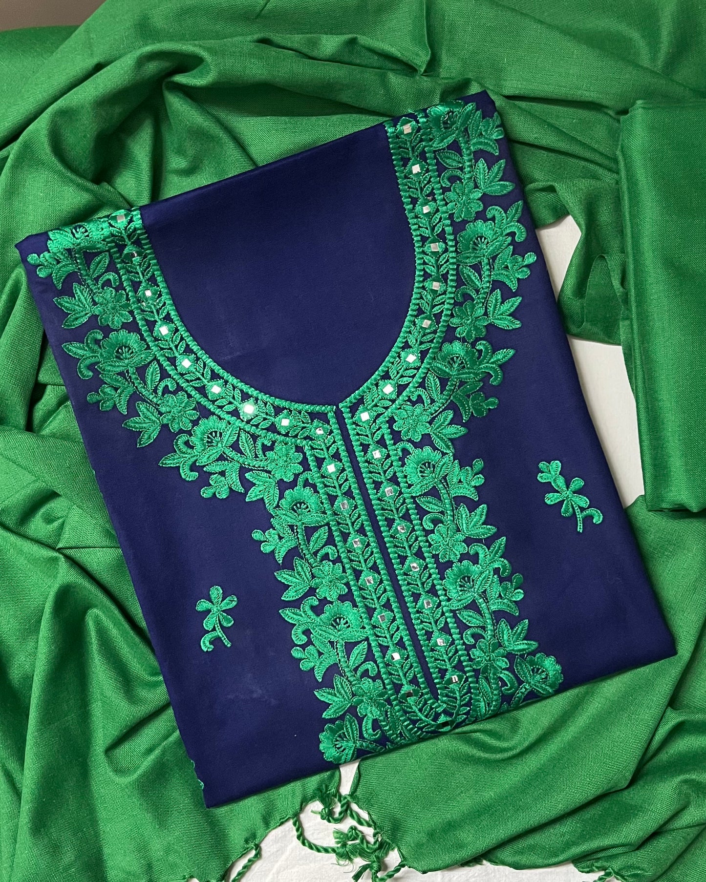 Dilara Pure Cashmilon Woolen Suit with Mirror Work & Embroidery - Navy Blue