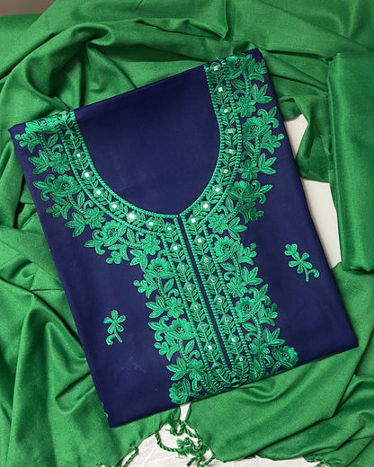 Dilara Pure Cashmilon Woolen Suit with Mirror Work & Embroidery - Navy Blue