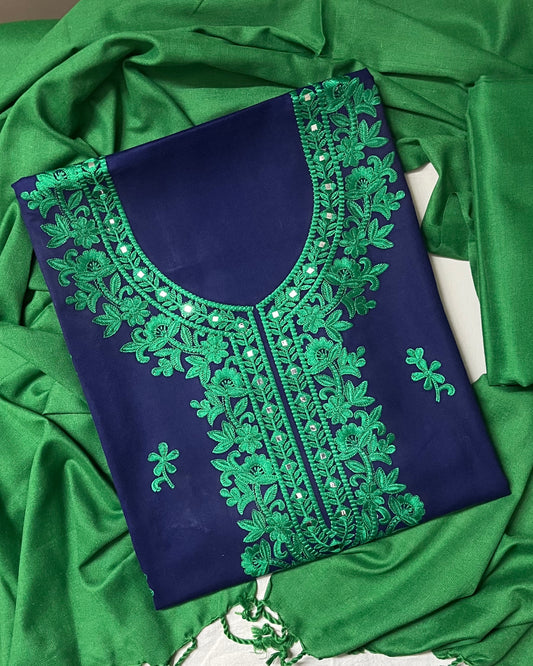 Dilara Pure Cashmilon Woolen Suit with Mirror Work & Embroidery - Navy Blue