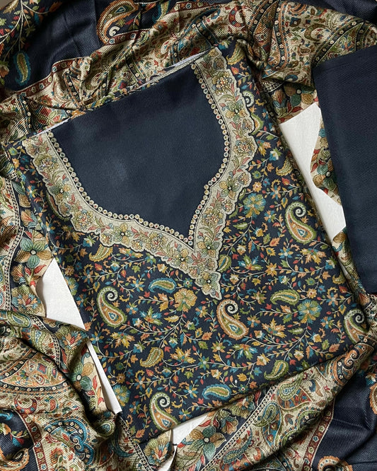 Tehzeeb Soft Pashmina Woolen Suit with Kani Print & Matching Stole - Black