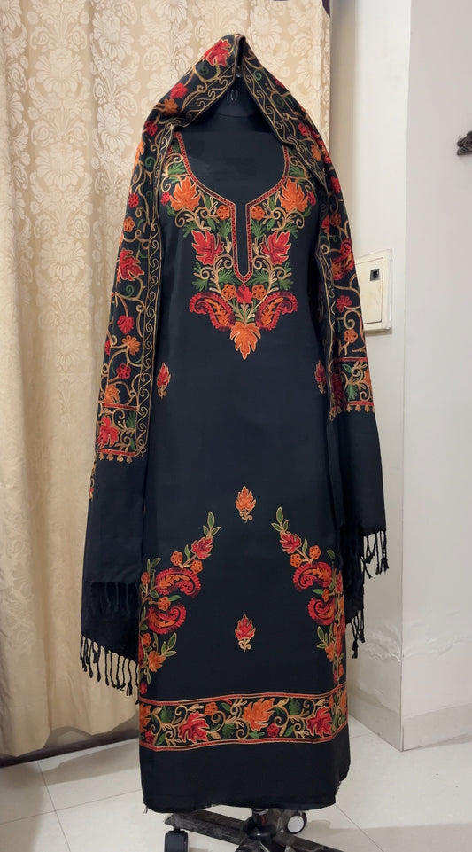 Kashmiri Embroidered Woolen Suit with Full Jaal Stole - Black