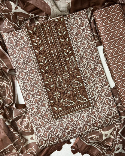 Sukoon Pure Cotton Suit Set with Embroidered Neck Patch - Coco Brown